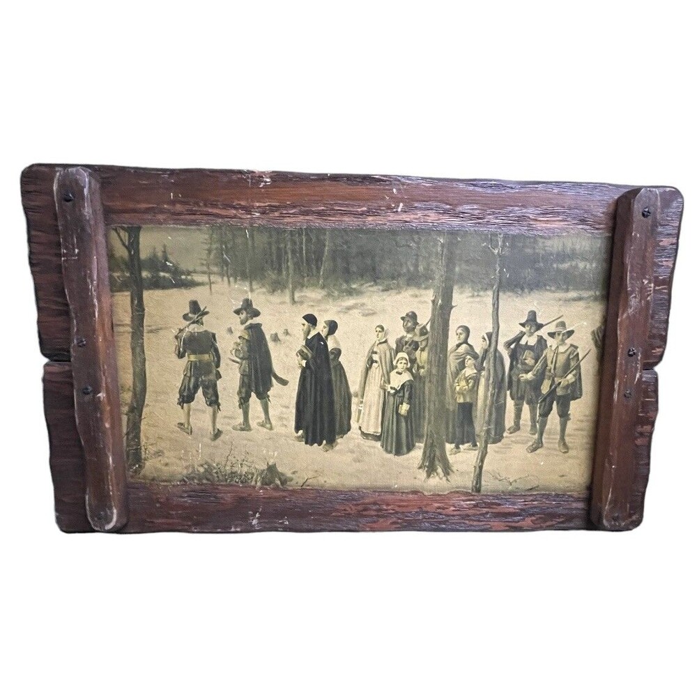 Rare Vintage 1970's Wooden  Plaque wall hanging of Pilgrims going to Church!
